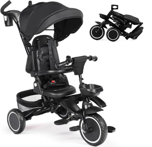 Folding Kids Tricycle, 8 in 1 Baby Trike W/Removable & Adjustable Canopy, Parent Handle, 5-Piont Safety Harness, Toddler Bike Stroller for Kids 1-6 Years, EVA Wheels, Storage Basket, Pink in Kuwait