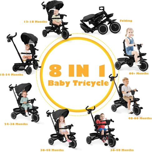 Folding Kids Tricycle, 8 in 1 Baby Trike W/Removable & Adjustable Canopy, Parent Handle, 5-Piont Safety Harness, Toddler Bike Stroller for Kids 1-6 Years, EVA Wheels, Storage Basket, Pink in Kuwait