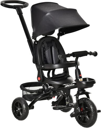 Qaba Kids Tricycle 4 in 1 Trike with Reversible Seat, 2.8'-3.1' Height Push Handle, Canopy, Handrail, Safety Belt, Storage Footrest Brake Clutch, for 1-5 Years Old, Black in Saudi Arabia