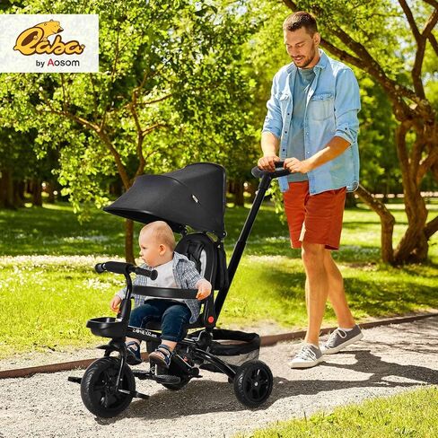 Qaba Kids Tricycle 4 in 1 Trike with Reversible Seat, 2.8'-3.1' Height Push Handle, Canopy, Handrail, Safety Belt, Storage Footrest Brake Clutch, for 1-5 Years Old, Black in Saudi Arabia