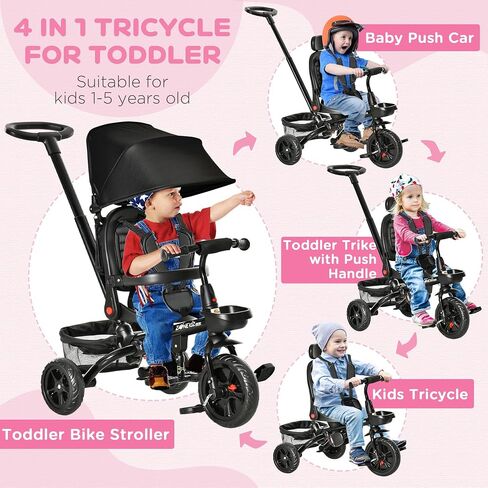 Qaba Kids Tricycle 4 in 1 Trike with Reversible Seat, 2.8'-3.1' Height Push Handle, Canopy, Handrail, Safety Belt, Storage Footrest Brake Clutch, for 1-5 Years Old, Black in Saudi Arabia