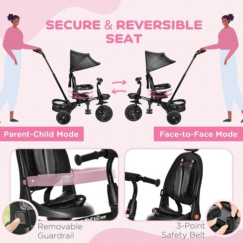 Qaba Kids Tricycle 4 in 1 Trike with Reversible Seat, 2.8'-3.1' Height Push Handle, Canopy, Handrail, Safety Belt, Storage Footrest Brake Clutch, for 1-5 Years Old, Black in Saudi Arabia