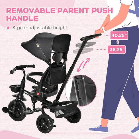 Qaba Kids Tricycle 4 in 1 Trike with Reversible Seat, 2.8'-3.1' Height Push Handle, Canopy, Handrail, Safety Belt, Storage Footrest Brake Clutch, for 1-5 Years Old, Black in Saudi Arabia