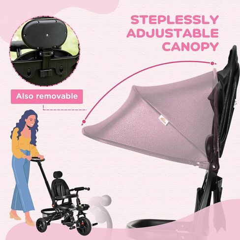 Qaba Kids Tricycle 4 in 1 Trike with Reversible Seat, 2.8'-3.1' Height Push Handle, Canopy, Handrail, Safety Belt, Storage Footrest Brake Clutch, for 1-5 Years Old, Black in Saudi Arabia