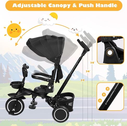 Folding Kids Tricycle, 8 in 1 Baby Trike W/Removable & Adjustable Canopy, Parent Handle, 5-Piont Safety Harness, Toddler Bike Stroller for Kids 1-6 Years, EVA Wheels, Storage Basket, Pink in Kuwait