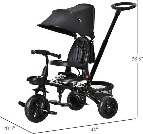 Qaba Kids Tricycle 4 in 1 Trike with Reversible Seat, 2.8'-3.1' Height Push Handle, Canopy, Handrail, Safety Belt, Storage Footrest Brake Clutch, for 1-5 Years Old, Black in Saudi Arabia