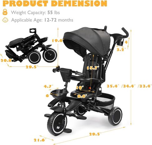 Folding Kids Tricycle, 8 in 1 Baby Trike W/Removable & Adjustable Canopy, Parent Handle, 5-Piont Safety Harness, Toddler Bike Stroller for Kids 1-6 Years, EVA Wheels, Storage Basket, Pink in Kuwait