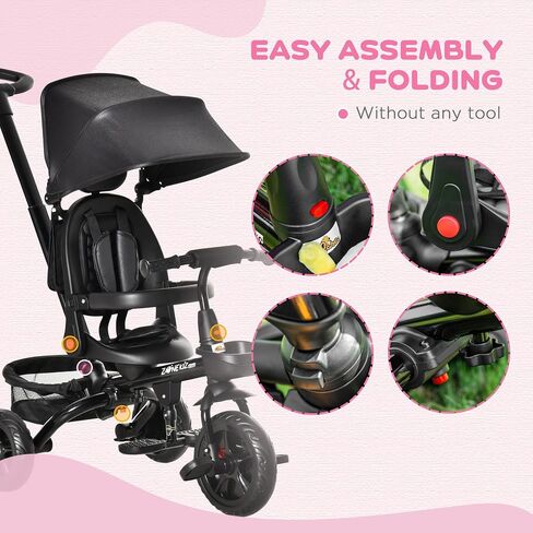 Qaba Kids Tricycle 4 in 1 Trike with Reversible Seat, 2.8'-3.1' Height Push Handle, Canopy, Handrail, Safety Belt, Storage Footrest Brake Clutch, for 1-5 Years Old, Black in Saudi Arabia