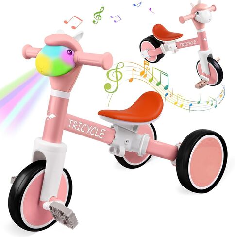 Tricycle for Toddlers 1-5 Year Olds, Toddler Balance Bike for Boys Girls 2-4, Toddler Tricycle with Light & Music Front, Kids Bicycle with Removable Pedal, Birthday Gifts for 1 2 3 4 5 Year (Pink) in Saudi Arabia