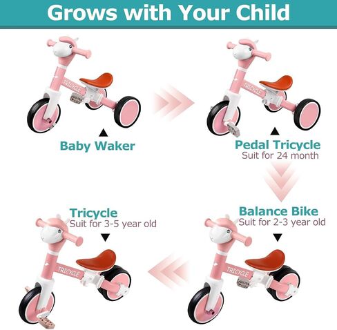 Tricycle for Toddlers 1-5 Year Olds, Toddler Balance Bike for Boys Girls 2-4, Toddler Tricycle with Light & Music Front, Kids Bicycle with Removable Pedal, Birthday Gifts for 1 2 3 4 5 Year (Pink) in Saudi Arabia
