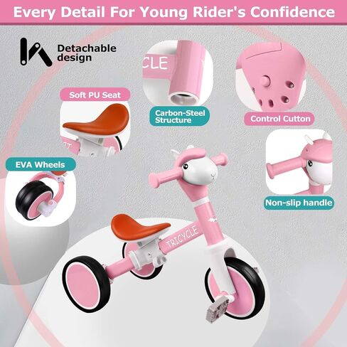 Tricycle for Toddlers 1-5 Year Olds, Toddler Balance Bike for Boys Girls 2-4, Toddler Tricycle with Light & Music Front, Kids Bicycle with Removable Pedal, Birthday Gifts for 1 2 3 4 5 Year (Pink) in Saudi Arabia