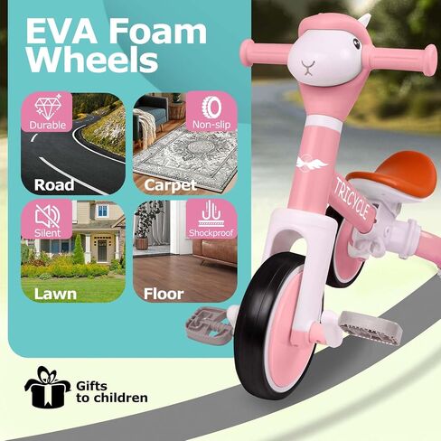 Tricycle for Toddlers 1-5 Year Olds, Toddler Balance Bike for Boys Girls 2-4, Toddler Tricycle with Light & Music Front, Kids Bicycle with Removable Pedal, Birthday Gifts for 1 2 3 4 5 Year (Pink) in Saudi Arabia