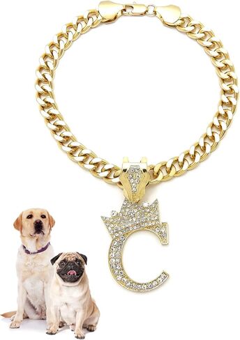 Rhinestone Studded Initial Pendant 18" Cuban Chain Fashion Costume Jewelry Necklace for Dogs Cats in Gold Tone (Gold - C) in Kuwait