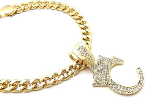 Rhinestone Studded Initial Pendant 18" Cuban Chain Fashion Costume Jewelry Necklace for Dogs Cats in Gold Tone (Gold - C) in Kuwait