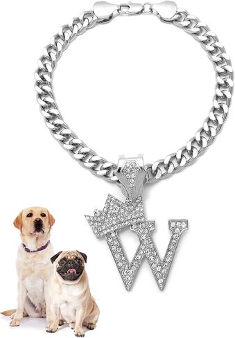 Rhinestone Studded Initial Pendant 18" Cuban Chain Fashion Costume Jewelry Necklace for Dogs Cats in Gold Tone (Gold - C) in Kuwait