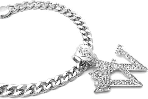 Rhinestone Studded Initial Pendant 18" Cuban Chain Fashion Costume Jewelry Necklace for Dogs Cats in Gold Tone (Gold - C) in Kuwait
