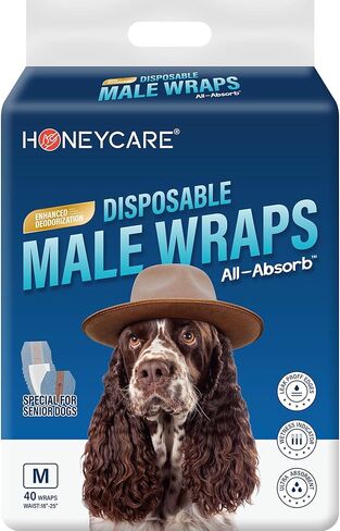Honeycare Disposable Male Wraps for Senior Dogs, Small Size, 40 Count, Super Absorbent, Breathable, Wetness Indicator, Super Deodorization, Cute Suit Suspenders Design in Kuwait