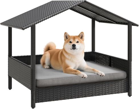Waleaf Wicker Dog House في الهواء الطلق مع المظلة ، سرير الكلب المرتفع مع الكلاب مع وسادة للكلاب الصغيرة/المتوسطة ، غلاف وسادة إثبات الطقس ، كابانا للفناء ، سطح السفينة ، حمام السباحة in Kuwait