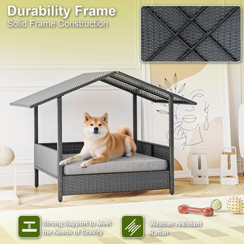 Waleaf Wicker Dog House في الهواء الطلق مع المظلة ، سرير الكلب المرتفع مع الكلاب مع وسادة للكلاب الصغيرة/المتوسطة ، غلاف وسادة إثبات الطقس ، كابانا للفناء ، سطح السفينة ، حمام السباحة in Kuwait