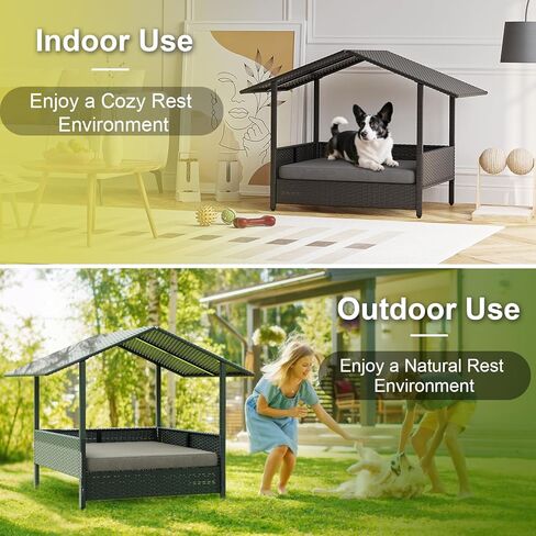 Waleaf Wicker Dog House في الهواء الطلق مع المظلة ، سرير الكلب المرتفع مع الكلاب مع وسادة للكلاب الصغيرة/المتوسطة ، غلاف وسادة إثبات الطقس ، كابانا للفناء ، سطح السفينة ، حمام السباحة in Kuwait