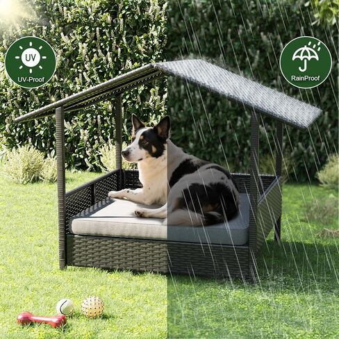 Waleaf Wicker Dog House في الهواء الطلق مع المظلة ، سرير الكلب المرتفع مع الكلاب مع وسادة للكلاب الصغيرة/المتوسطة ، غلاف وسادة إثبات الطقس ، كابانا للفناء ، سطح السفينة ، حمام السباحة in Kuwait