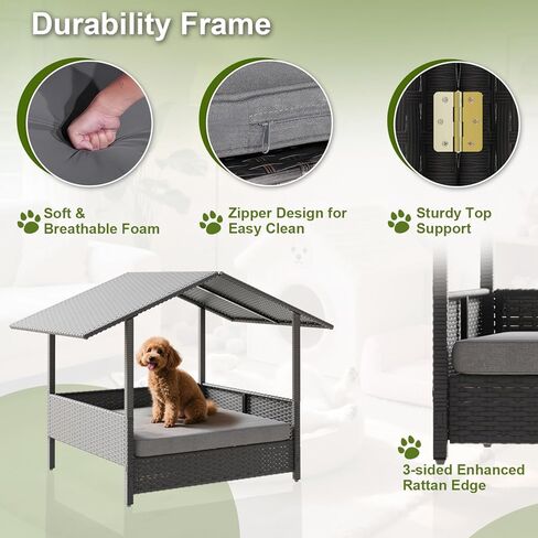 Waleaf Wicker Dog House في الهواء الطلق مع المظلة ، سرير الكلب المرتفع مع الكلاب مع وسادة للكلاب الصغيرة/المتوسطة ، غلاف وسادة إثبات الطقس ، كابانا للفناء ، سطح السفينة ، حمام السباحة in Kuwait
