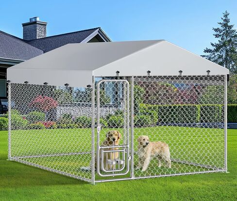 DWVO 7.5'x7.5' Large Dog Kennel Outdoor with Rotating Feeder Bowls, Outdoor Dog Pens with Roof, Heavy Duty Dog Cage for Medium Large Dogs in Saudi Arabia