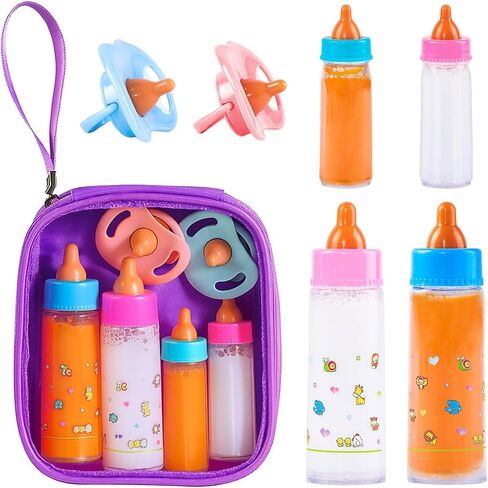 SCOM Reborn Baby Doll Accessories - 10 Pcs Feeding Set, Magic Disappearing Bottle with Milk & Juice, Pretend Play Toy with Alive Diaper & Magnetic Pacifier & Bib & Tableware, for Toddler Kid Gift Pink in Saudi Arabia