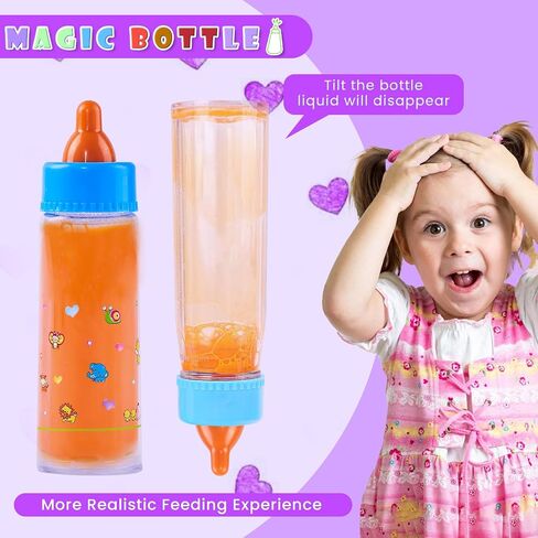 SCOM Reborn Baby Doll Accessories - 10 Pcs Feeding Set, Magic Disappearing Bottle with Milk & Juice, Pretend Play Toy with Alive Diaper & Magnetic Pacifier & Bib & Tableware, for Toddler Kid Gift Pink in Saudi Arabia