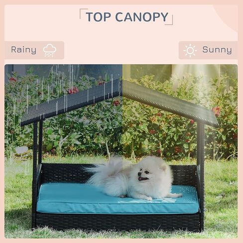 PawHut Wicker Dog House Outdoor with Canopy, Rattan Dog Bed with Water-Resistant Cushion, Raised Dog Bed for Small, Medium Dogs up to 66 lbs, 19.75" in Length, Gradient Gray Wicker & Cushion in Kuwait