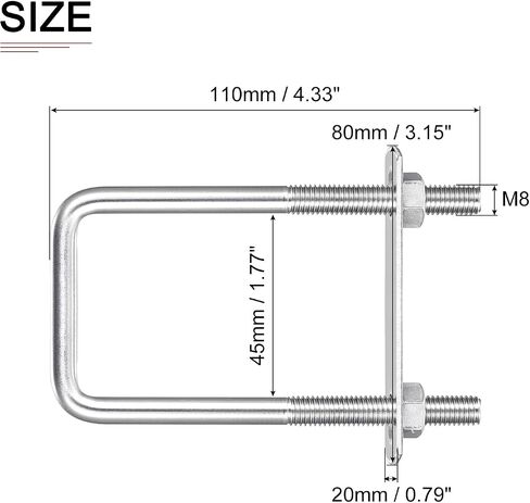 M8x50x50mm (ThreadxWxL) مسمار مربع على شكل حرف U - عبوة واحدة - جيد لقطع غيار أنابيب المقطورة - 304 مسامير على شكل حرف U من الفولاذ المقاوم للصدأ in Saudi Arabia