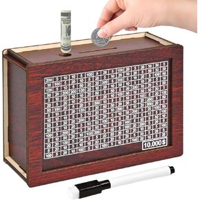 10000 Savings Challenge Box, Wooden Money Saving Piggy Bank for Adults Kids, Reusable, Targets 10k