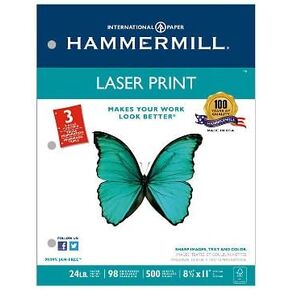 Laser Print Office Paper, 3-Hole Punch, 98 Brightness, 24lb, Ltr, White, 500/Rm, Sold as 2 Ream