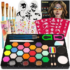 Face Painting Kit for Kids - 24 Colors Water-Based Non-Toxic Face Paint Palette With Brushes, Stencils, Hair Chalk, Gems, Glitters, Crayon, sponges. For Parties, Halloween, Cosplay, Face&Body Art