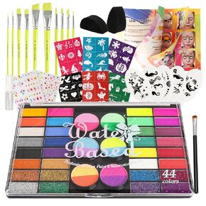 44 Color Face Painting Kit for Kids - Non Toxic Water Activated Face Paint Palette with Stencils, Brushes, Gems & Glitter. Halloween, Carnival, Party; Costume Makeup for Creative Activities