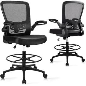 CLATINA Drafting Chair Tall Office Chair with Flip-up Armrests Executive Ergonomic Computer Standing Mesh Desk Chair with Adjustable Footrest Ring and Lumbar Support, for Home Drawing Working, Black