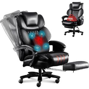 3D Kneading Massage Office Chair,600LBS Big and Tall Executive Office Chair with Footrest,Reclining Managerial Chairs Padded Diamond-Stitched Cushion,Ergonomic Wide Desk Chair for Home Office,Black
