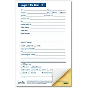 2025 Time Off Request and Approval Form, Small (5 1/2" x 8 1/2"), 2-Part, Pack of 50