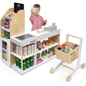 GLACER Grocery Store Pretend Play, Wooden Kids Grocery Store Playset w/Cash Register Stand, Shopping Cart, Blackboard, Wooden Coins, Play Store for Toddler 3+, Gift for Boys Girls