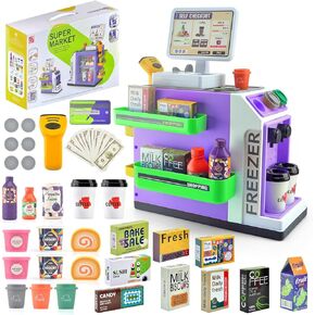 Kids Pretend Play Cash Register Toy Set with Water Outlet Function, 48PCS Play Money, Calculator, Scanners, Coffee Machine, Play Food for Ages 3+(Pink)