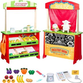 VEVOR Kids Pretend Play Grocery Store, Wooden Play Market Stand with Shopping Bag, Conveyor Belt, Scanner, Cash Register, Realistic Scale, Gift for Boys & Girls