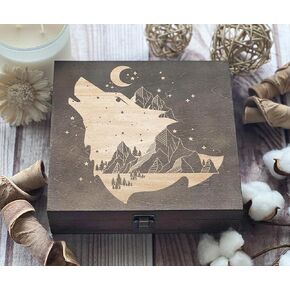Exceptional Howling Wolf Wooden Box - Engraved Moon and Mountain Design - Ideal Gift for Brother, Friend, Men - Personalized Keepsake and Memory Box for Storing Precious Items