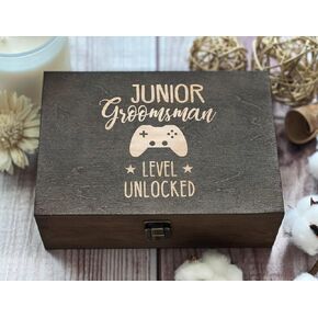 Junior Groomsman Gaming-Themed Laser-Engraved Wooden Box, Script and Block Lettering with Controller Design, Level Unlocked, Unique Wedding Party Gift.