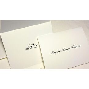 Personalized Note Cards w Added Full Name or Initials. Many Font and Color Options. White Linen Textured Folding Cards, Blank Inside w Matching Envelopes. Optn'l Return Address Labels