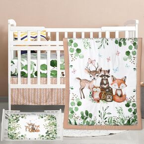 3 Pcs Baby Crib Bedding Set Safari Animals Dinosaurs Teddy Bear Woodland Animals Jungle Crib Set Includes Quilt, Fitted Sheet, Skirt for Baby Boy Girl(Green,Dinosaur)
