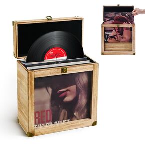 Vinyl Record Storage Case, Vintage Wood LP Album Record Box Display Organizer Fits Standard Records - 7/10 Inch, Vinyl Record Carrying Case Hold 40 Records - Carbonized Brown