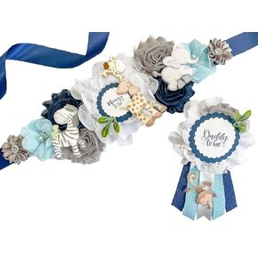 Blue Safari Maternity Sash for Baby Shower ، أمي لتكون وشاحًا للاستحمام ، Safari Blue Safari استحمام الطفل ، وشاح Safari الأزرق (Mom Sash و Dad Pin)