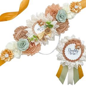 Sage and Brown Teddy Bear Maternity Sash, Teddy Bear Maternity Sash, Green Teddy Bear Baby Shower, Sage and Brown Sash for Shower (Mom Sash and Dad Pin)