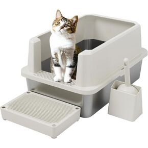 RIZZARI Stainless Steel Cat Litter Box, Semi-Closed Litter Box with High Edges, Large Odorless Litter Pan with for Small to Large Cats (Beige, 1 Pack)