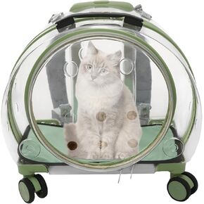 Transparent & Fully Breathable Hard Cat Carrier, Transparent Bubble Cat Carrier Pet Trolley Case with Rolling Wheels for Dogs, Cats, Perfect for Traveling or Taking a Walk (Green)